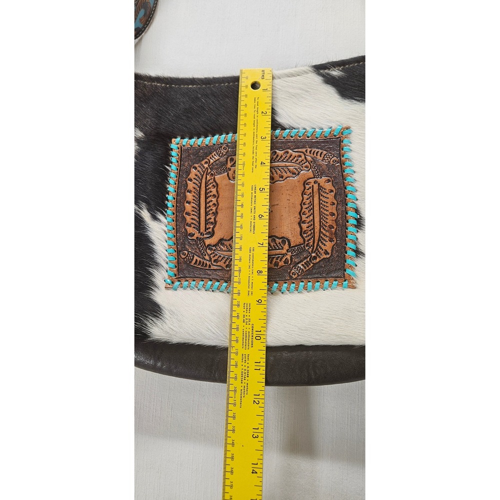 Myra Bag Cowhide Crossbody Fringe Western Hand Tooled LeatherTurquoisBlack White - Picture 2 of 7